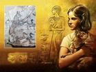 Egyptská kočka domácí ochraňuje husy. Vlevo freska z roku 1120 před našim letopočtem.