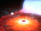 Černá díra a akreční disk kolem ní. Zprava: doprovodná hvězda, která zásobuje akreční disk hmotou.