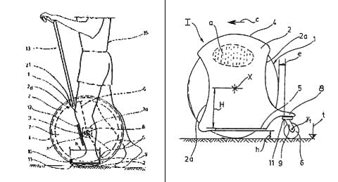 První koloběžka patentovaná Maďary (zleva) byla podobná Segway, jen kolo bylo mezi nohama jezdce a na bocích byly stupačky. Vpravo je náčrt z žádosti o patent „Kouzelného kola“.