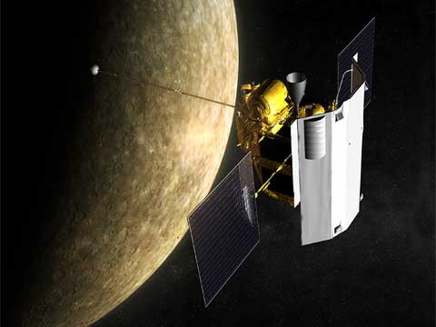Umělecké, velmi umělecké vyobrazení
sondy Messenger, která letí k Merkuru
